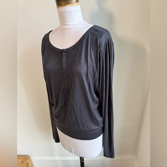 FREE PEOPLE SHIMMER BLACK FLOWY SLEEVE HENLEY LONF SLEEVE BOAT NECK SMALL - Picture 2 of 8